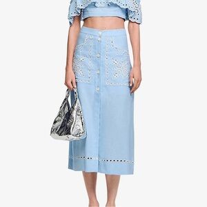 Sandro Paris Blue Eyelet Midi Skirt